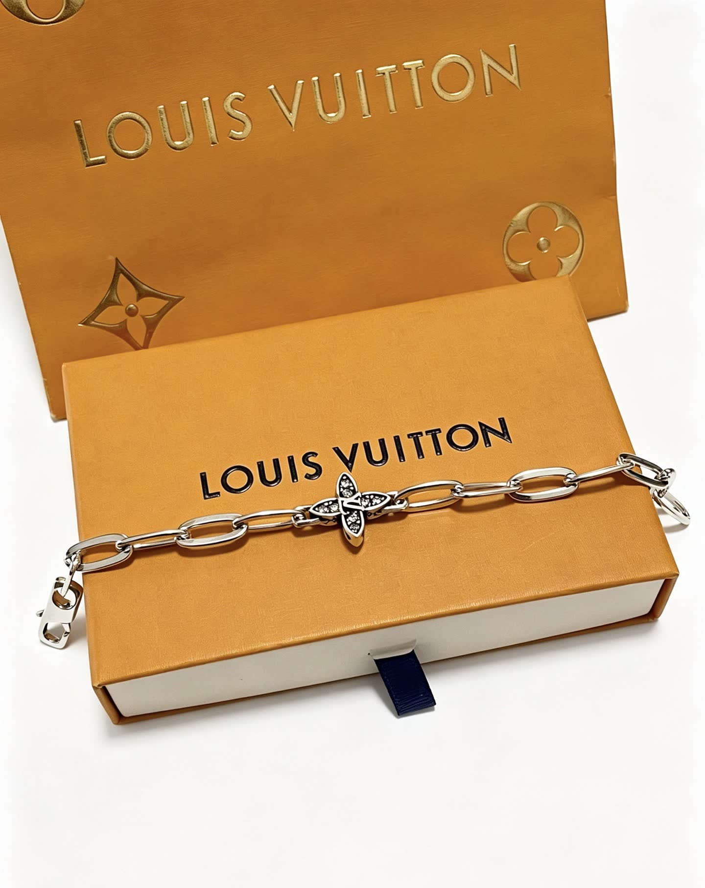 Louis Vuitton Silver Bracelet with Monogram Flower Charm
